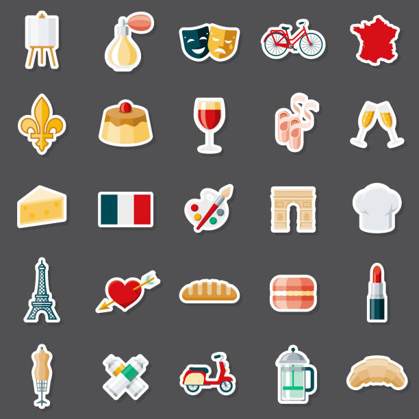 France Sticker Set A set of flat design sticker icons. File is built in the CMYK color space for optimal printing. Color swatches are global so it’s easy to edit and change the colors. french flag clip art stock illustrations