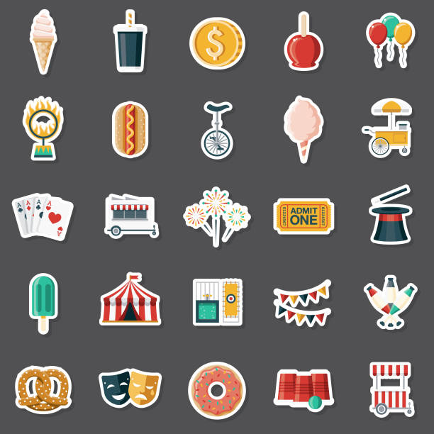 Carnival Sticker Set A set of flat design sticker icons. File is built in the CMYK color space for optimal printing. Color swatches are global so it’s easy to edit and change the colors. magician money stock illustrations