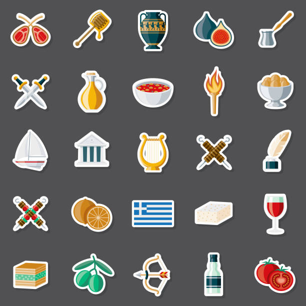 Greece Sticker Set A set of flat design sticker icons. File is built in the CMYK color space for optimal printing. Color swatches are global so it’s easy to edit and change the colors. baklava stock illustrations