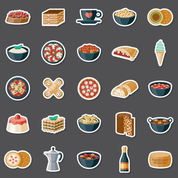 ilustraciones, imágenes clip art, dibujos animados e iconos de stock de conjunto de pegatinas de comida italiana - minestrone
