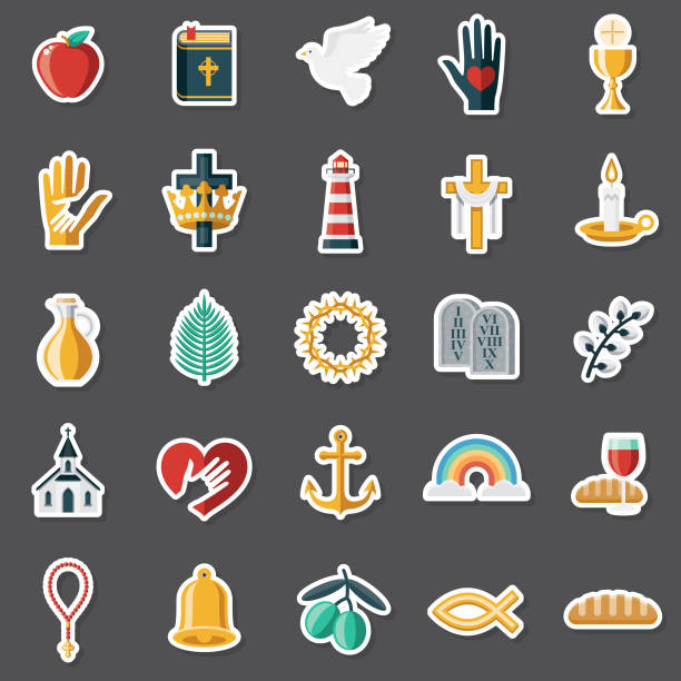 Christianity Sticker Set A set of flat design sticker icons. File is built in the CMYK color space for optimal printing. Color swatches are global so it’s easy to edit and change the colors. church clipart stock illustrations