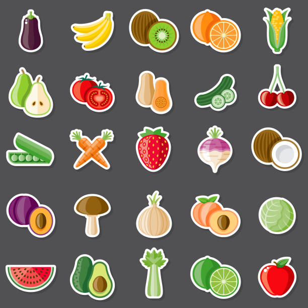 сырье продовольственная наклейка набор - vector pear peach fruit stock illustrations