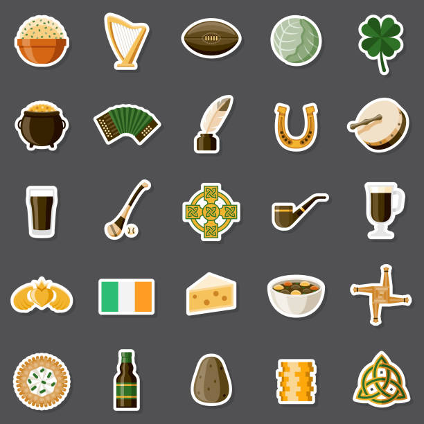Ireland Sticker Set A set of flat design sticker icons. File is built in the CMYK color space for optimal printing. Color swatches are global so it’s easy to edit and change the colors. irish shamrock clip art stock illustrations