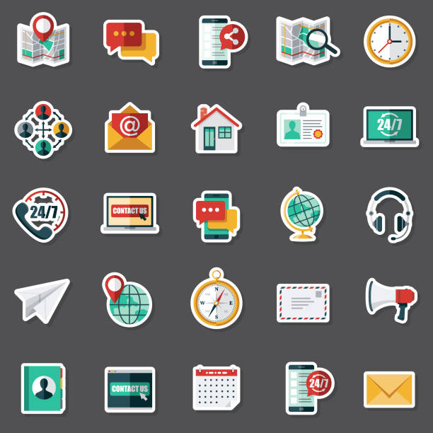 Customer Service Sticker Set A set of flat design sticker icons. File is built in the CMYK color space for optimal printing. Color swatches are global so it’s easy to edit and change the colors. talking on office phone stock illustrations