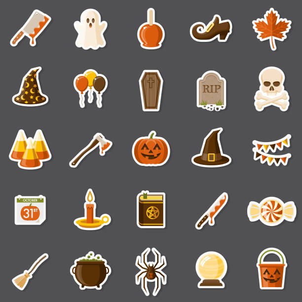 Halloween Sticker Set A set of flat design sticker icons. File is built in the CMYK color space for optimal printing. Color swatches are global so it’s easy to edit and change the colors. halloween icons stock illustrations