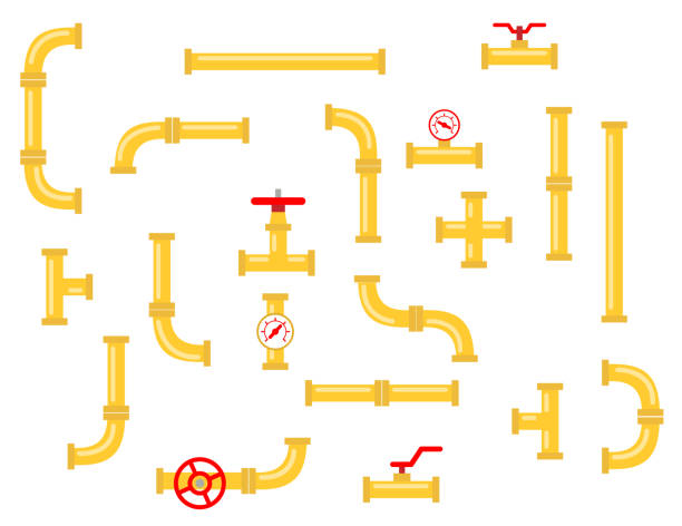 Spare parts for the pipeline. Pipe connectors made of metal and plastic Spare parts for the pipeline. Pipe connectors made of metal and plastic, Industrial pipes for water, gas, oil. Ð¡onnector pipeline, valve connection,  vector flat icons. air valve stock illustrations