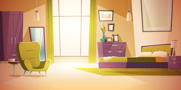 schlafzimmer innen cartoon, doppelbett, kleiderschrank - teppichboden couch stock-grafiken, -clipart, -cartoons und -symbole