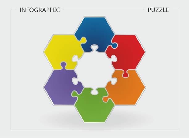 vektor-illustration, infografik mit sechs bunten puzzleteilen. - jigsaw piece three dimensional three dimensional shape jigsaw puzzle stock-grafiken, -clipart, -cartoons und -symbole