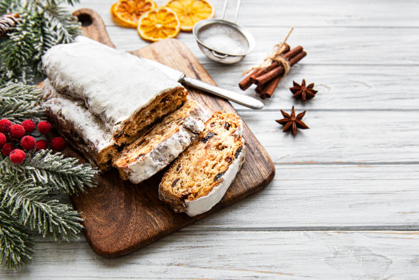 istock Christmas stollen on wooden background 1189285727