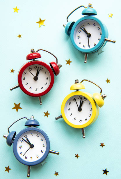 istock Flat lay Christmas composition with color clocks 1189285732