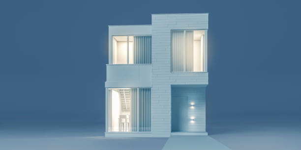 istock Modern house view from the outside in white materials imitating the layout with night lighting and light from the windows.3D illustration 1189286630