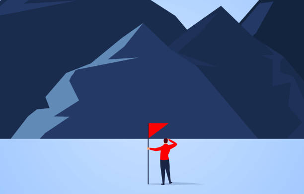 등반, 피크를 등반 할 준비가 깃발을 들고 사업가 - climbing achievement leadership adventure stock illustrations
