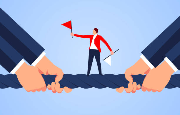 stockillustraties, clipart, cartoons en iconen met de scheidsrechter staat in het midden van het touw van de ' tug-of-war ' - touwtrekken