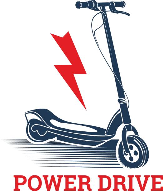 Dark blue electric scooter with lightning bolt icon. Ecology transport. Navy blue electric scooter with lightning bolt icon. Ecology transport. Healthy journey. red white blue bike stock illustrations