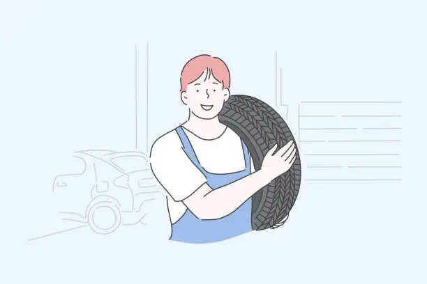 Vector illustration of Auto mechanic, repairman, transport maintenance service concept