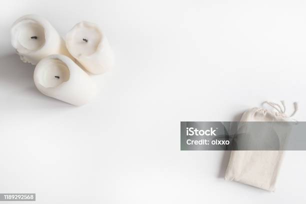 Mock Up Of Tarot Deck Cotton Bag And Candles On White Background Boho Design Of Tarot Cards Pouch On White Table With Copy Space For Image Or For Text Stock Photo - Download Image Now