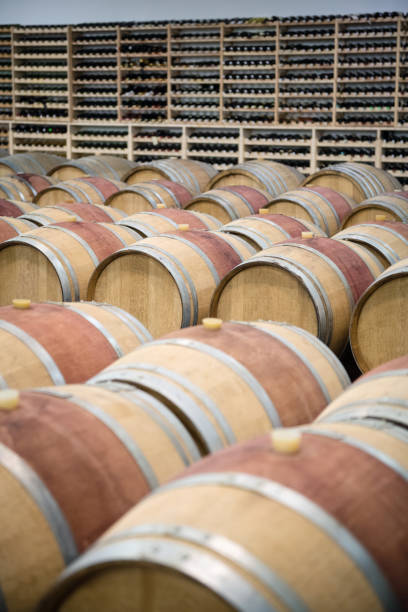 istock Wooden wine barrels in wine cellar 1189292604