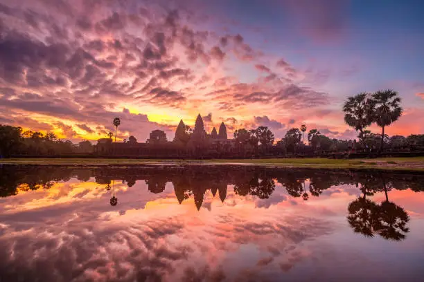 Beautiful sunrise of Angkorwat temple in Cambodia, Ancient architecture of Cambodia