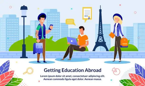 Vector illustration of Flat Banner Getting Education Abroad, Cartoon.