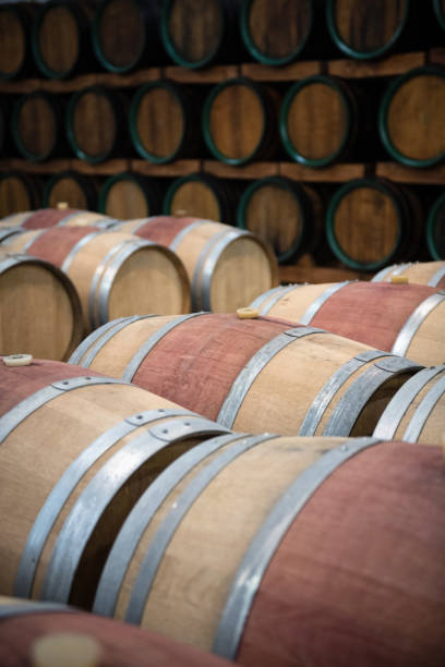 istock Wooden wine barrels in wine cellar 1189294005