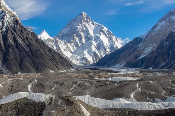 Majestic view of the K2 peak Snow-capped K2 peak the 2nd highest mountain on the earth 8,611 meters above sea level k2 mountain panorama stock pictures, royalty-free photos & images
