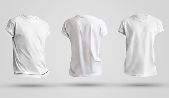 Conjunto de camisetas de hombre en blanco con sombras, vista frontal y trasera. Plantilla de diseño sobre un fondo blanco. photo