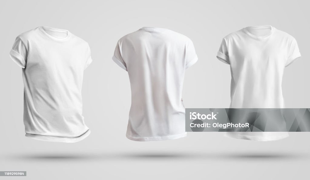 Set of blank men's t-shirts with shadows, front and back view. Design template on a white background. Set of blank men's t-shirts with shadows, front and back view. Design template on a white background. The mockup of clothes is ready for use in your store. T-Shirt Stock Photo