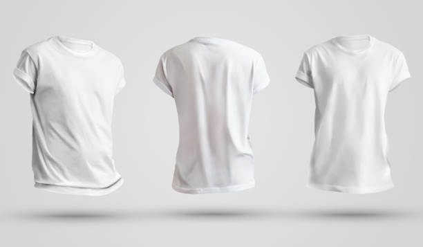 set of blank men's t-shirts with shadows, front and back view. design template on a white background. - white clothing imagens e fotografias de stock