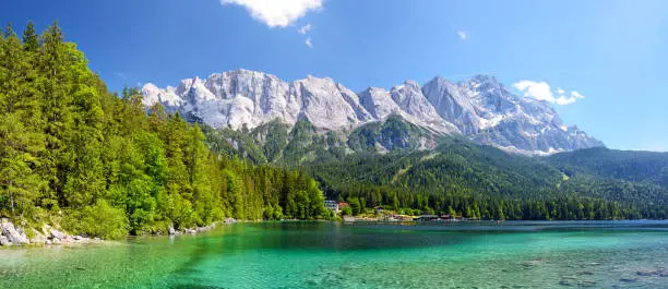 View of the lake Eibsee with the Zugspitze mountain on background, Germany. Composite photo