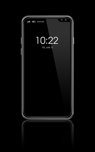 All-screen digital blank smartphone mockup isolated on black with clock display. 3D render