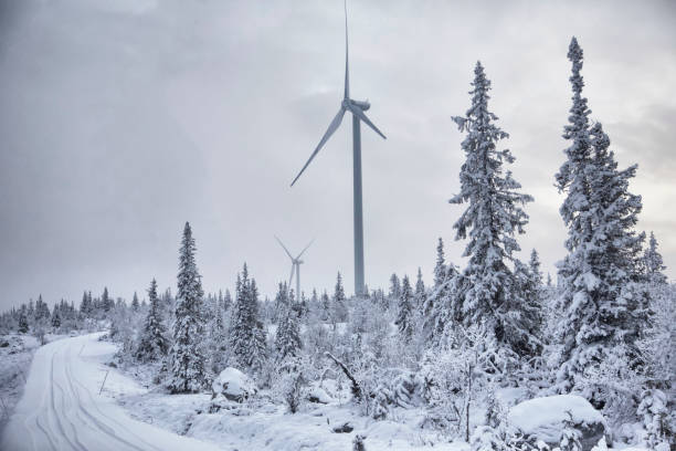 ветротурбина в зимнем ландшафте - snow nature sweden cold стоковые фото и изображения