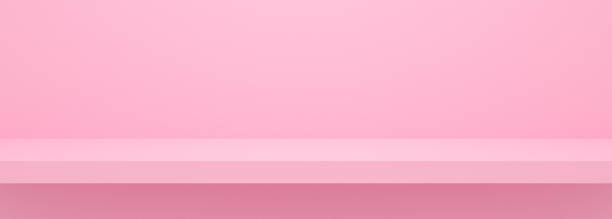 istock Pink shop shelf on wall background or texture. 3d render interior for product on website in modern. Horizontal realistic empty pastel bookshelf for display design. Blank minimal banner concept. 1189303553