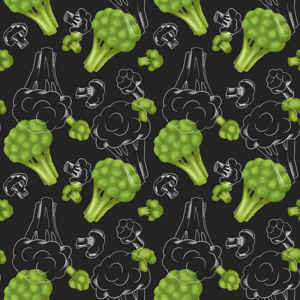 бесшовный узор с брокколи, нарисованная вручную в стиле эскиза на темном фоне - cauliflower vegetable black illustration and painting stock illustrations