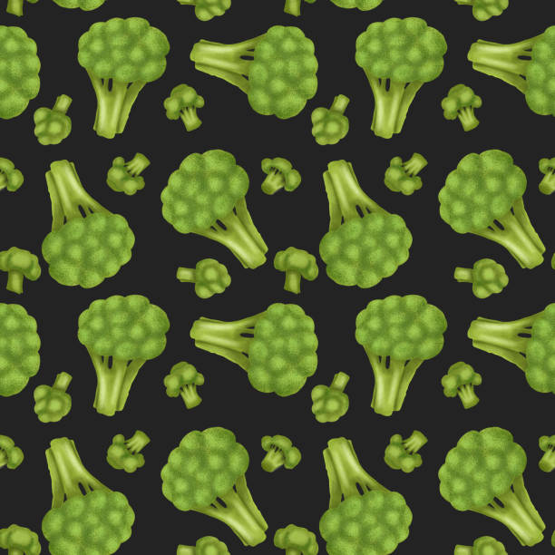 illustrazioni stock, clip art, cartoni animati e icone di tendenza di motivo senza cuciture con broccoli, disegnato a mano su sfondo scuro - cauliflower vegetable black illustration and painting