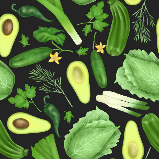 ilustrações de stock, clip art, desenhos animados e ícones de seamless pattern with green organic vegetables and herbs - cauliflower vegetable black illustration and painting