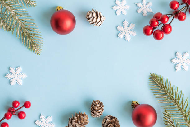 istock Christmas composition background decoration on pastel blue background. Space for copy. 1189305851