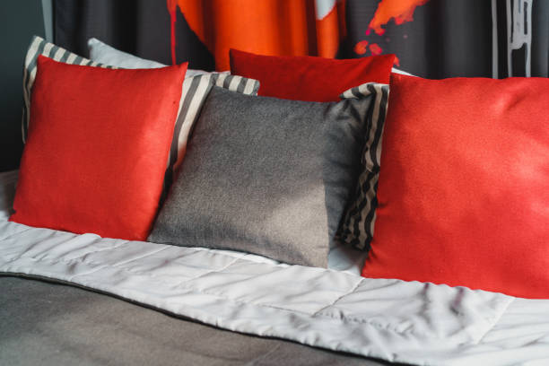 istock Black and red modern master bedroom with double bed 1189305987