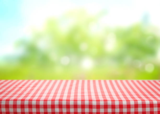 istock Checkered picnic red table cloth table on natural background. 1189309625