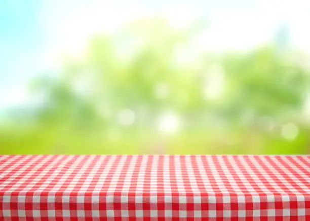 Checkered red picnic table cloth on blurred natural background wmpty space.