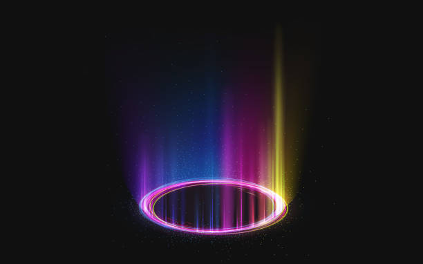 Magic shining portal with rainbow light effect Magic rainbow portal on night scene. Neon circle digital hologram with colored light rays and sparkles. Realistic beam stage. Glowing futuristic teleport. Shining podium isolated on black background aura stock illustrations