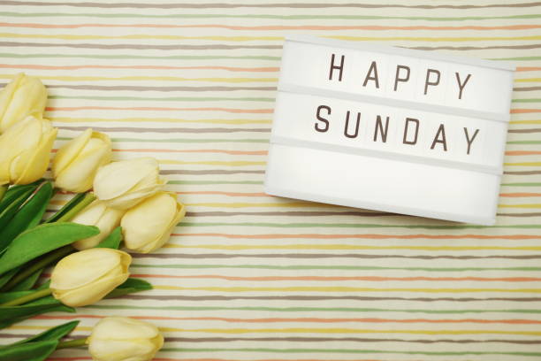 istock Top view Happy Sunday Text in Light box flat lay with tulip flower bouquet 1189314868