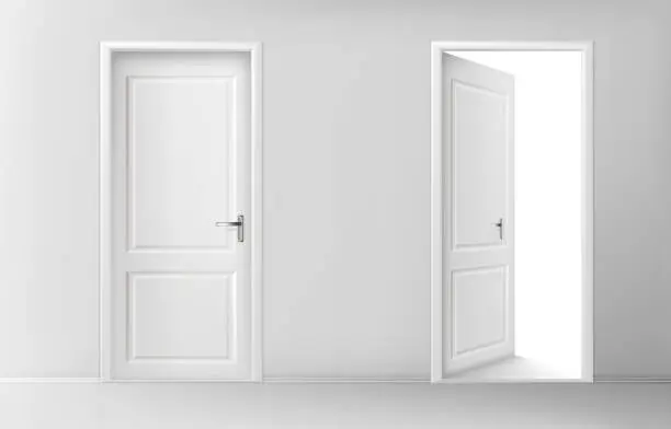 Vector illustration of Open and closed white wooden doors