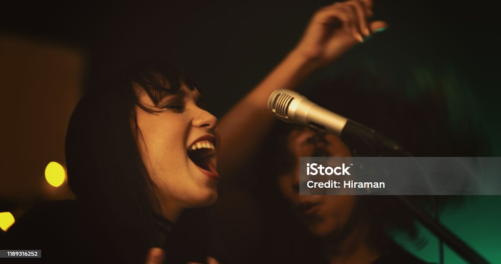 These ladies know how to bring life to the party Shot of two young women singing on stage in a club Karaoke Stock Photo