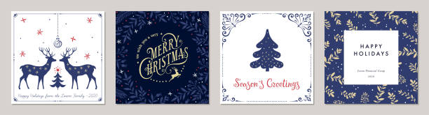 Christmas Greeting Cards and Templates_15 Ornate Merry Christmas greeting cards. Trendy square Winter Holidays art templates. Suitable for social media post, mobile apps, banner design and web/internet ads. christmas christmas card christmas decoration decoration stock illustrations