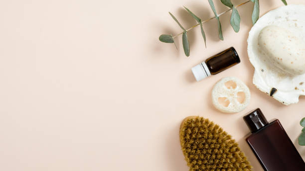 istock SPA organic cosmetics in glass containers, eucalyptus leaf, eco friendly bath brush, natural solid soap Plastic free concept 1189321777