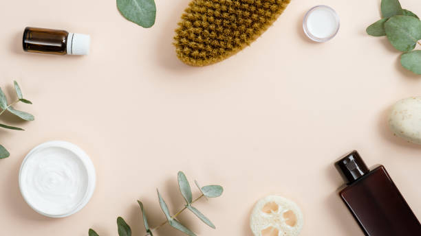 Frame of organic cosmetic and zero waste eco friendly bathroom accessories for SPA bathing. Natural organic beauty product concept. Flat lay, top view