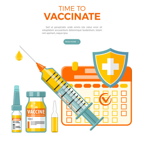 Vaccination Concept Banner Vaccination concept banner. time to vaccinate with syringe, vaccine bottle, calendar. flat style icon. isolated vector illustration flu shot calendar stock illustrations