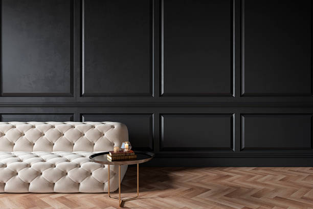 istock Modern classic black interior with capitone chester sofa, coffee table, wood floor, mouldings. 3d render interior mock up. 1189322904