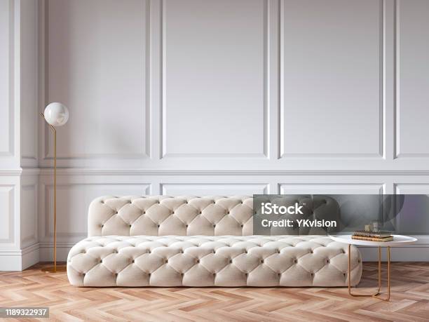 Classic White Interior With Capitone Chester Sofa Mouldings Wooden Floor Floor Lamp Coffee Table 3d Render Illustration Mock Up Stock Photo - Download Image Now