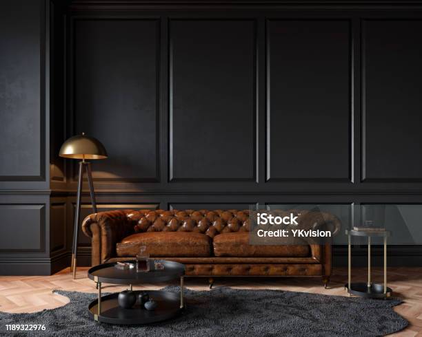 Modern Classic Black Interior With Capitone Brown Leather Chester Sofa Floor Lamp Coffee Table Carpet Wood Floor Mouldings 3d Render Interior Mock Up Stock Photo - Download Image Now